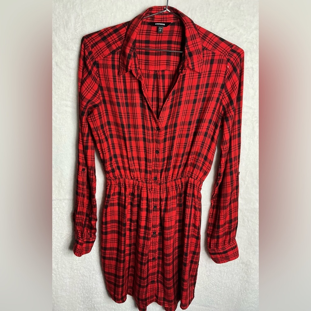Express Red Checkered Long Sleeve Dress size S - Picture 6 of 12